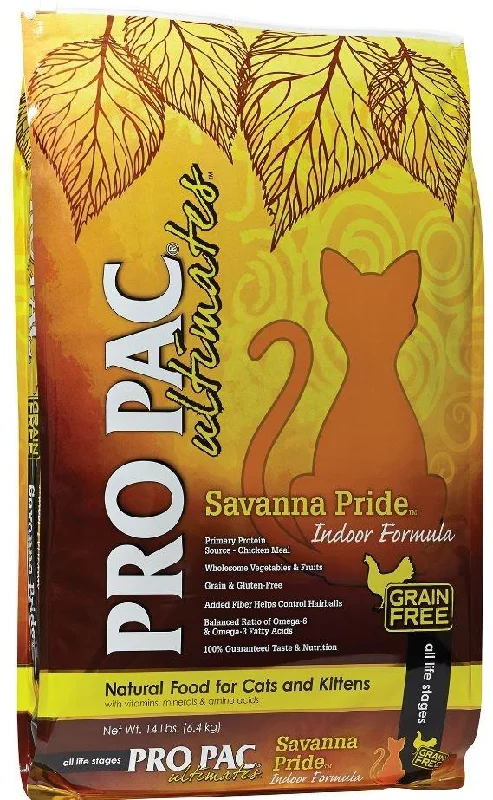    - Chicken flavor cat food  PRO PAC Grain Free Ultimates Savanna Pride Dry Cat Food