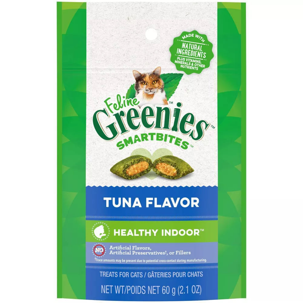    - Chicken flavor cat food  Greenies SmartBites Healthy Indoor Tuna Flavor Cat Treats