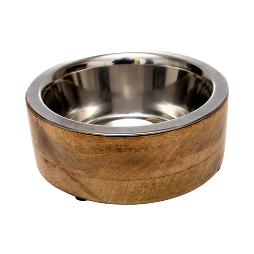 ---JoJo Modern Pets Stainless Steel Dog Bowl with Cylindrical Mango Wood Holder