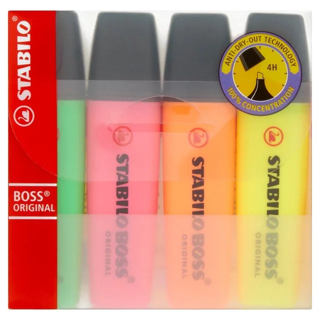 ---STABILO BOSS ORIGINAL Highlighter wallet of 4 assorted colours   4 per pack