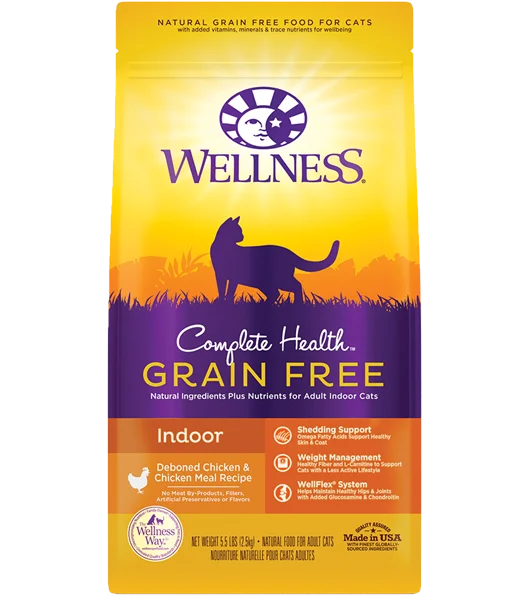 3. **Ingredient-Related**  Wellness® Complete Health™ Grain Free Indoor Chicken Dry Cat Food (11 LB)