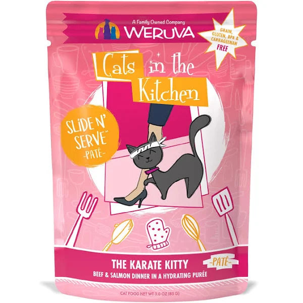    - High-fiber cat food  Weruva Cats In The Kitchen The Karate Kitty 3oz Pouch Wet Cat Food